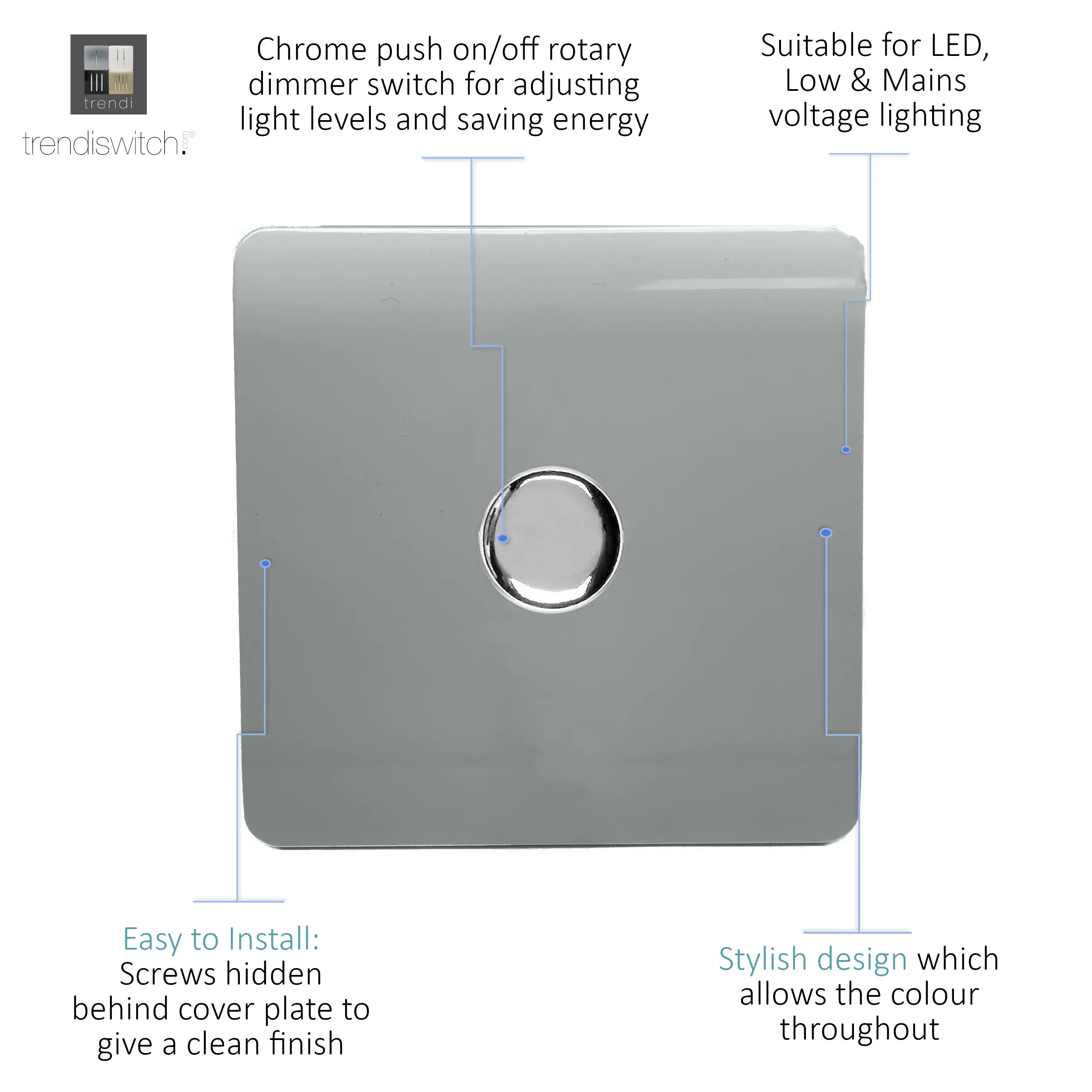 1 Gang 1 Way LED Dimmer Switch Silver ART-LDMSI  Trendi Platinum Silver